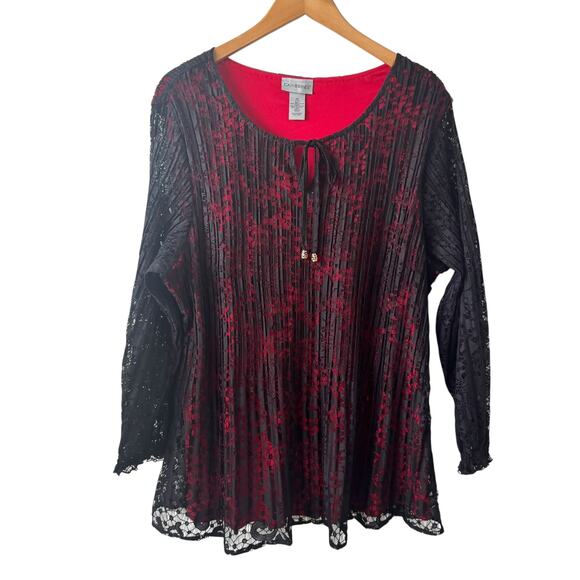 Catherines Shirt Women 1X Plus Size Black Red Tunic Top Whimsigoth Lace Goth - Picture 1 of 7